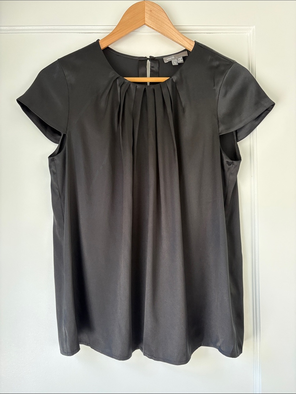 Vince Black Satin Pleated Short-Sleeve Blouse